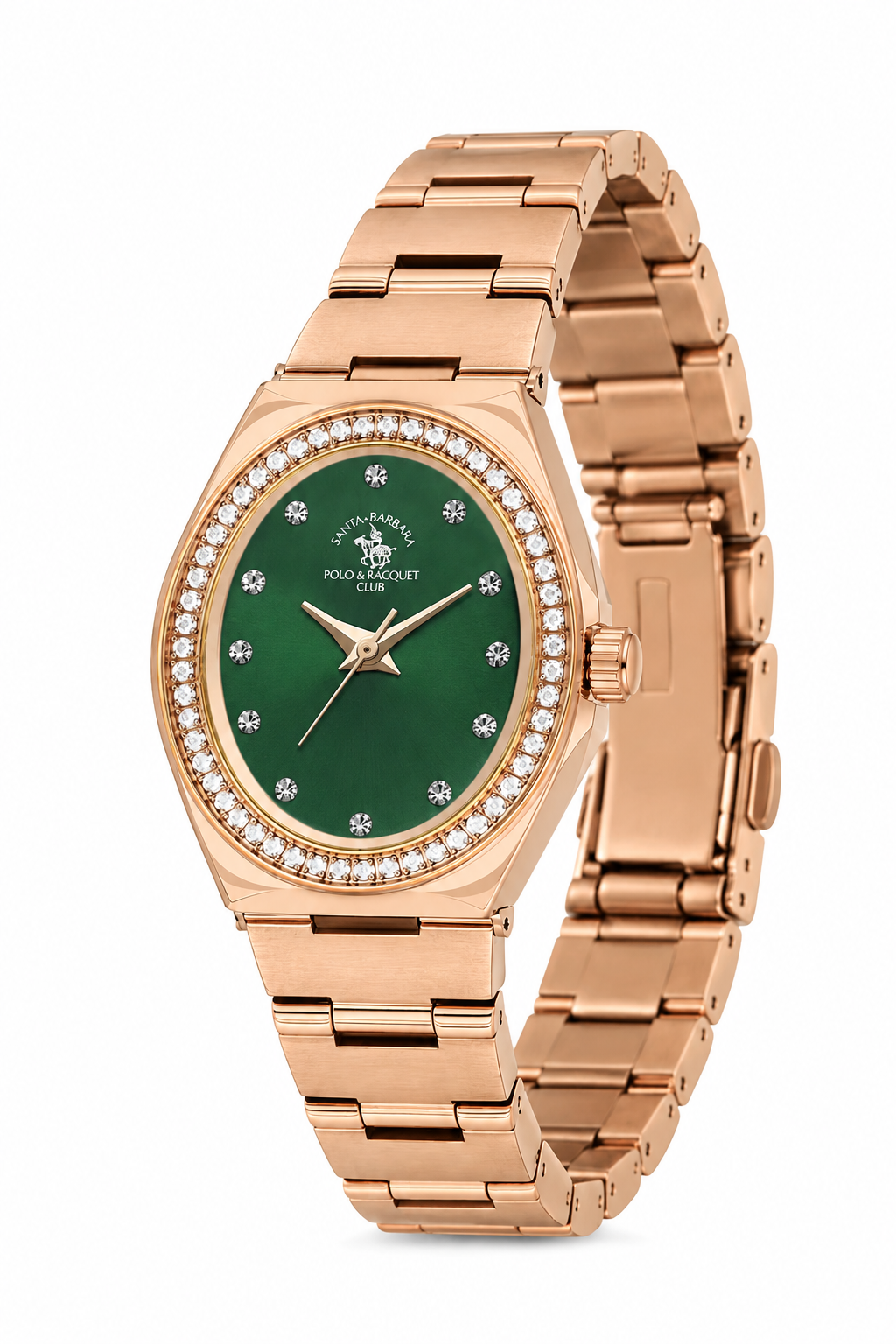 Unique Ladies Dark Green Rose Gold Stainless Steel Analog Watch 24×31mm | Stone Dial | SB.1.10686-8