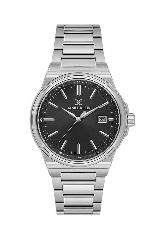 Daniel Klein Gun Black IP Silver Date Wrist Watch for Men DK.1.14194-2