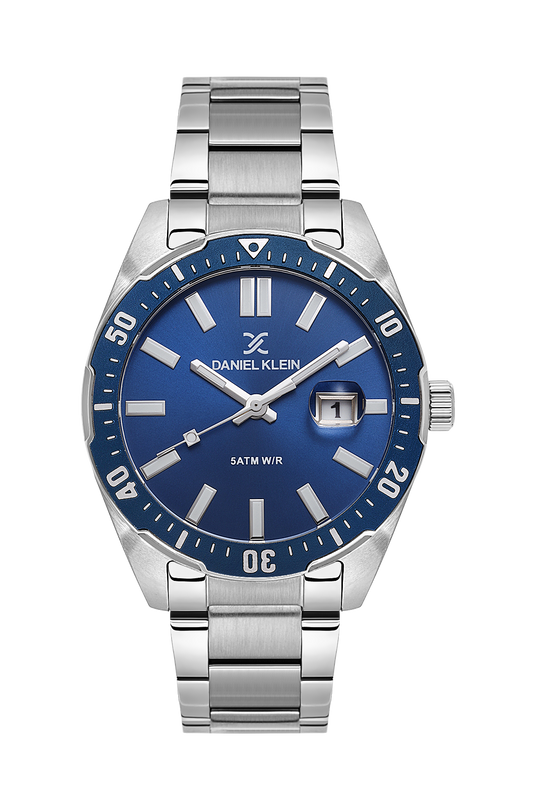 Daniel Klein Blue IP Silver Date Wrist Watch for Men DK.1.14195-2