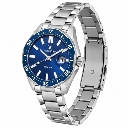 Daniel Klein Blue IP Silver Date Wrist Watch for Men DK.1.14195-2