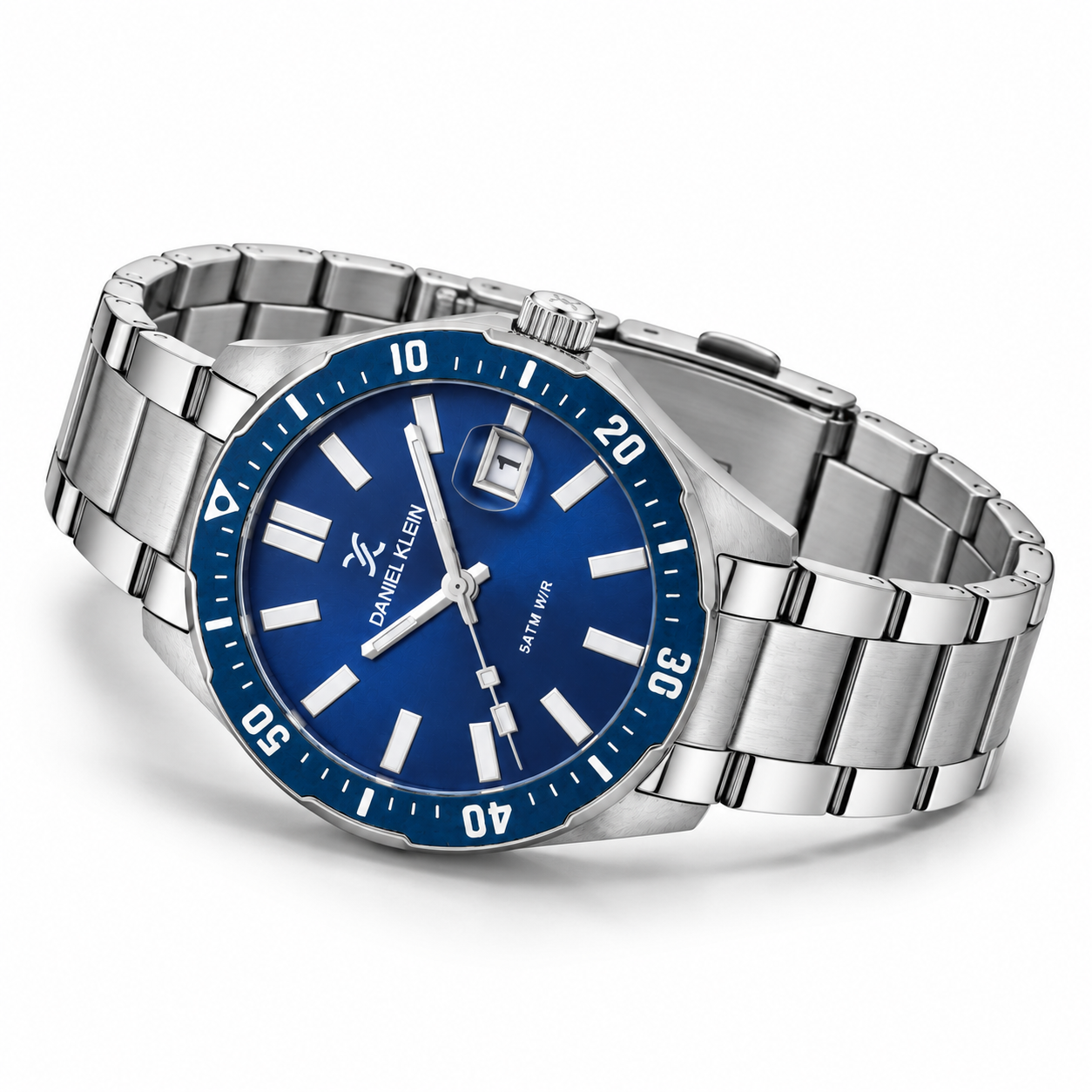 Daniel Klein Blue IP Silver Date Wrist Watch for Men DK.1.14195-2