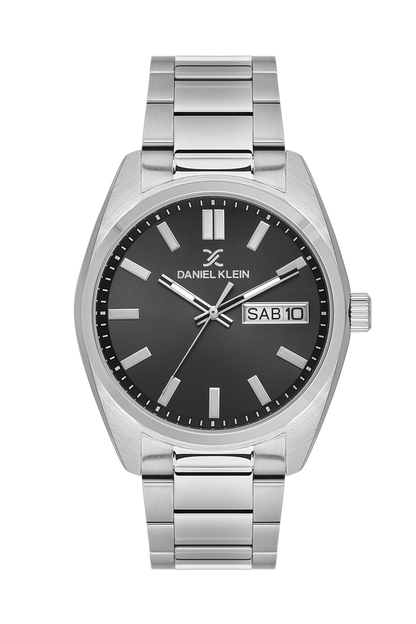 Daniel Klein Gun IP Silver Day Date Wrist Watch for Men DK.1.14197-2