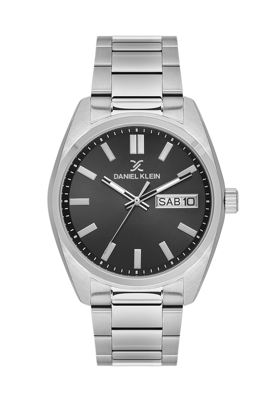 Daniel Klein Gun IP Silver Day Date Wrist Watch for Men DK.1.14197-2