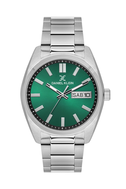 Daniel Klein Dark Green IP Silver Day Date Wrist Watch for Men DK.1.14197-4