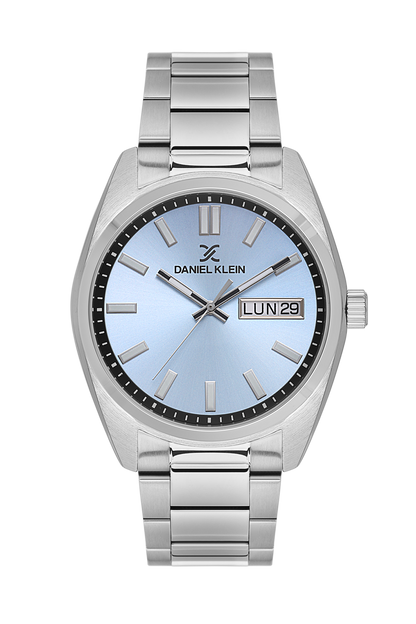 Daniel Klein Blue IP Silver Day Date Wrist Watch for Men DK.1.14197-5
