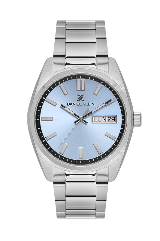 Daniel Klein Blue IP Silver Day Date Wrist Watch for Men DK.1.14197-5