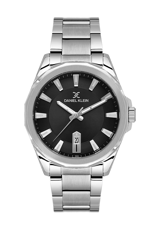 Daniel Klein Black IP Silver Date Wrist Watch for Men DK.1.14199-2