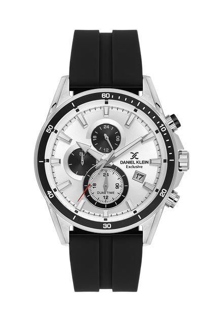 Daniel Klein Silver IP Silver Dual Time Silicone Watch for Men DK.1.14246-1