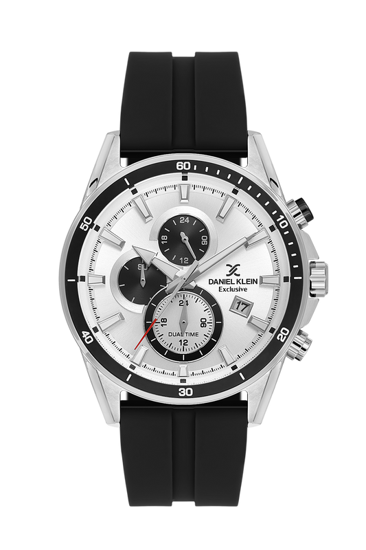 Daniel Klein Silver IP Silver Dual Time Silicone Watch for Men DK.1.14246-1