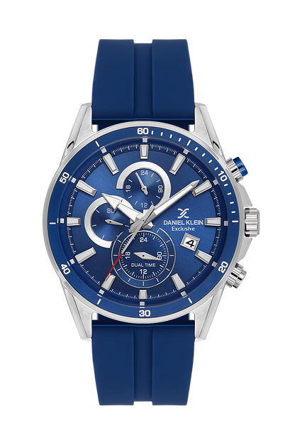 Daniel Klein Dark Blue IP Silver Dual Time Silicone Watch for Men DK.1.14246-3