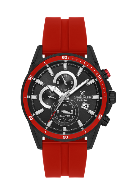 Daniel Klein Black IP Black Red Dual Time Silicone Watch for Men DK.1.14246-5