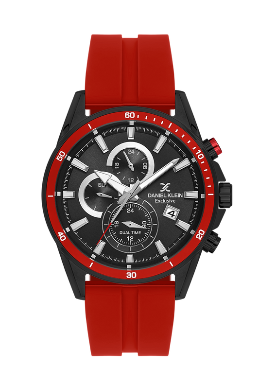 Daniel Klein Black IP Black Red Dual Time Silicone Watch for Men DK.1.14246-5