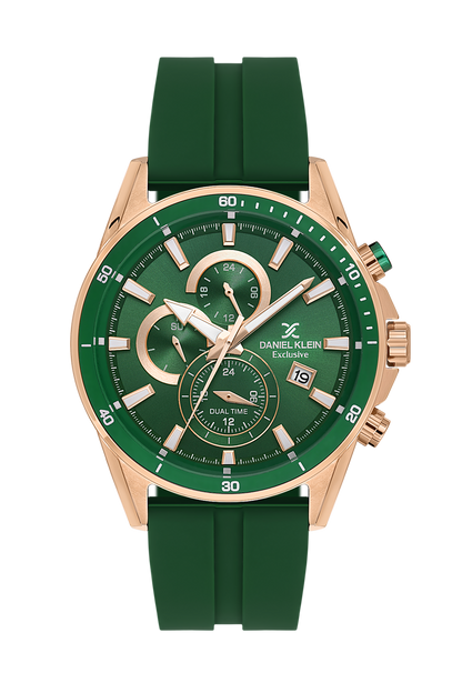 Daniel Klein Dark Green Pink Rosegold Dual Time Silicone Watch for Men DK.1.14246-6