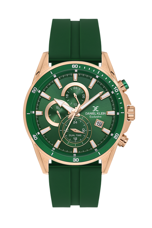Daniel Klein Dark Green Pink Rosegold Dual Time Silicone Watch for Men DK.1.14246-6