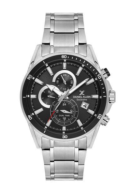 Daniel Klein Gun Black IP Silver Dual Time Wrist Watch for Men DK.1.14247-2