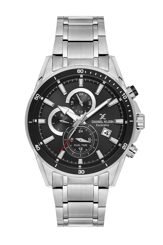 Daniel Klein Gun Black IP Silver Dual Time Wrist Watch for Men DK.1.14247-2