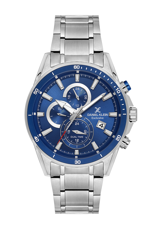 Daniel Klein Blue IP Silver Dual Time Wrist Watch for Men DK.1.14247-3
