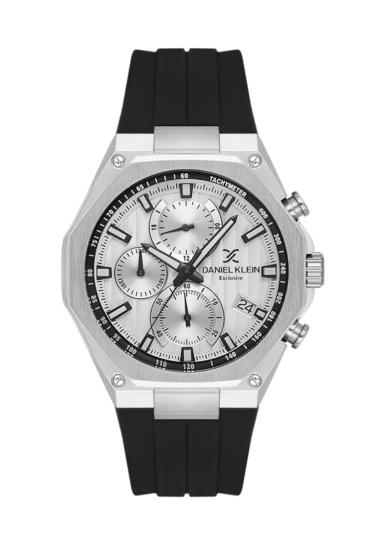 Daniel Klein Silver IP Silver Silicone Multifunction Watch for Men DK.1.14258-1