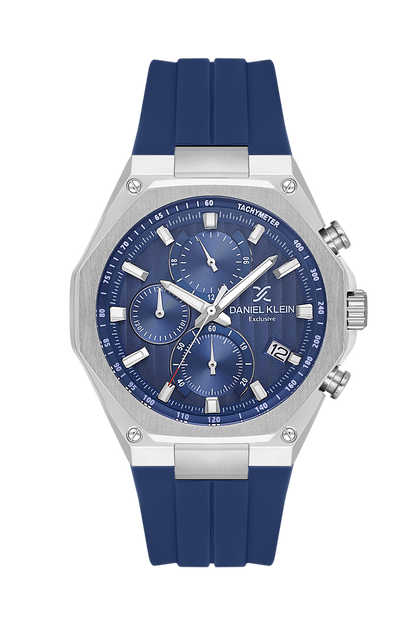 Daniel Klein Dark Blue IP Silver Silicone Multifunction Watch for Men DK.1.14258-3