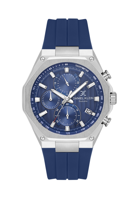 Daniel Klein Dark Blue IP Silver Silicone Multifunction Watch for Men DK.1.14258-3