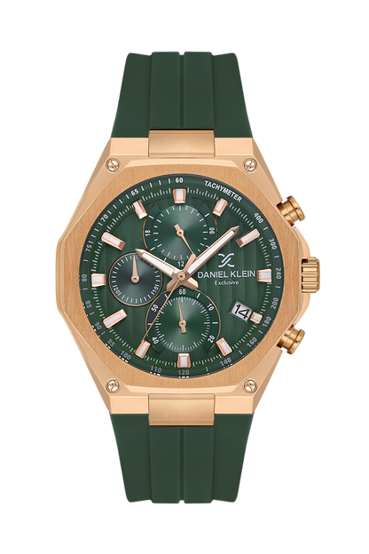 Daniel Klein Dark Green Pink Rosegold Silicone Multifunction Watch for Men DK.1.14258-4