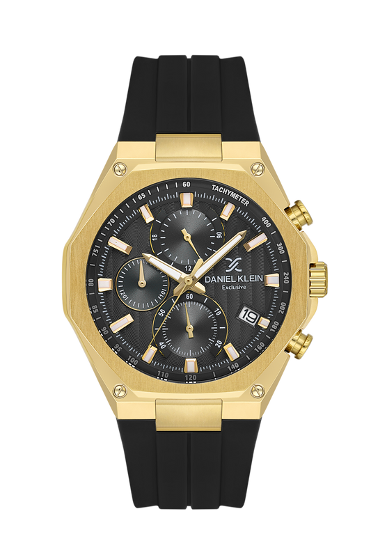 Daniel Klein Black IP Gold Silicone Multifunction Watch for Men DK.1.14258-5
