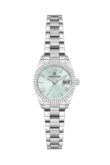 Daniel Klein Light Green IP Silver Date Wrist Watch for Women DK.1.14276-4