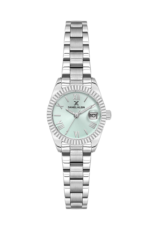 Daniel Klein Light Green IP Silver Date Wrist Watch for Women DK.1.14276-4