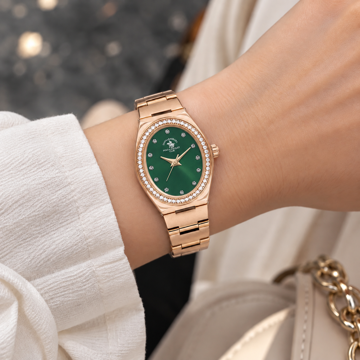 Unique Ladies Dark Green Rose Gold Stainless Steel Analog Watch 24×31mm | Stone Dial | SB.1.10686-8