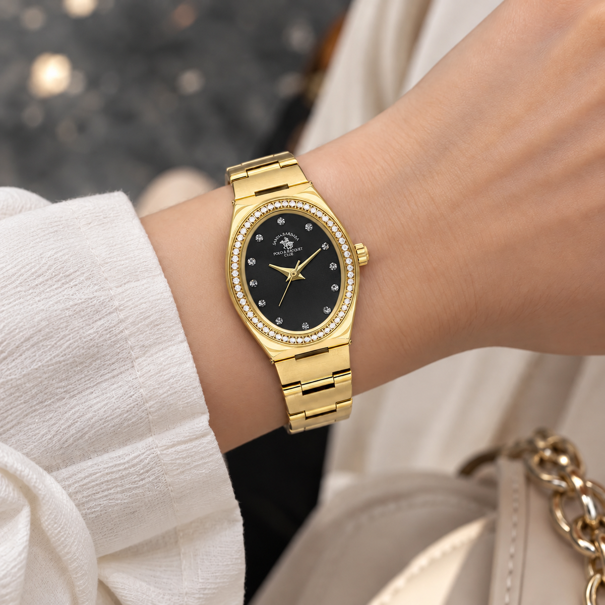 Unique Ladies Black Gold-Tone Stainless Steel Analog Watch 24×31mm | Stone Dial | SB.1.10686-7