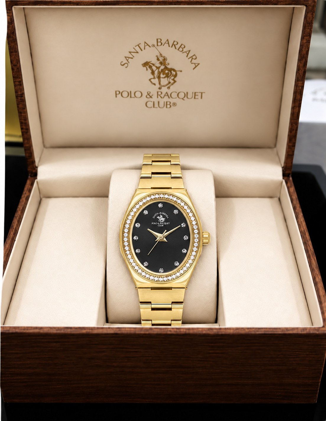 Unique Ladies Black Gold-Tone Stainless Steel Analog Watch 24×31mm | Stone Dial | SB.1.10686-7