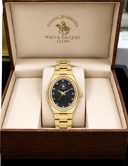 Unique Ladies Black Gold-Tone Stainless Steel Analog Watch 24×31mm | Stone Dial | SB.1.10686-7