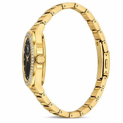 Unique Ladies Black Gold-Tone Stainless Steel Analog Watch 24×31mm | Stone Dial | SB.1.10686-7