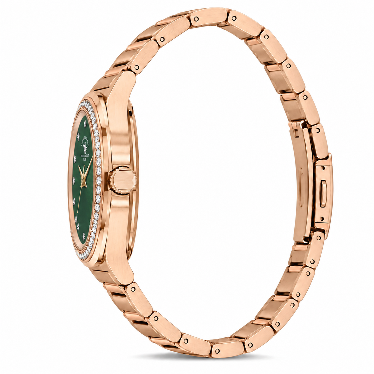Unique Ladies Dark Green Rose Gold Stainless Steel Analog Watch 24×31mm | Stone Dial | SB.1.10686-8
