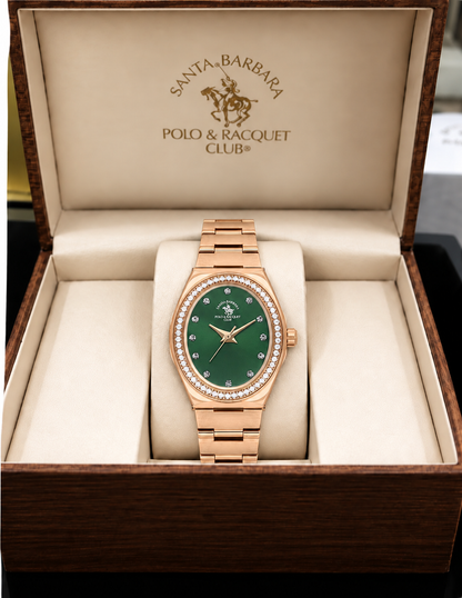 Unique Ladies Dark Green Rose Gold Stainless Steel Analog Watch 24×31mm | Stone Dial | SB.1.10686-8